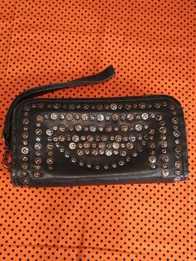 Black Studded Leather Wristlet Clutch - Unbranded